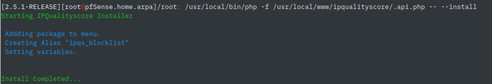 Screen capture of pfSense <b>IPQualityScore</b> integration install.